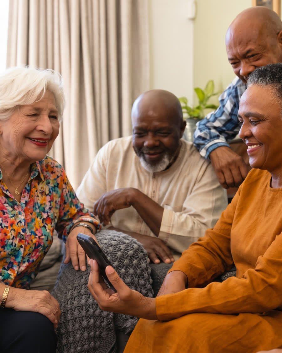 Residents sharing a phone together on a sofa in a bright lounge